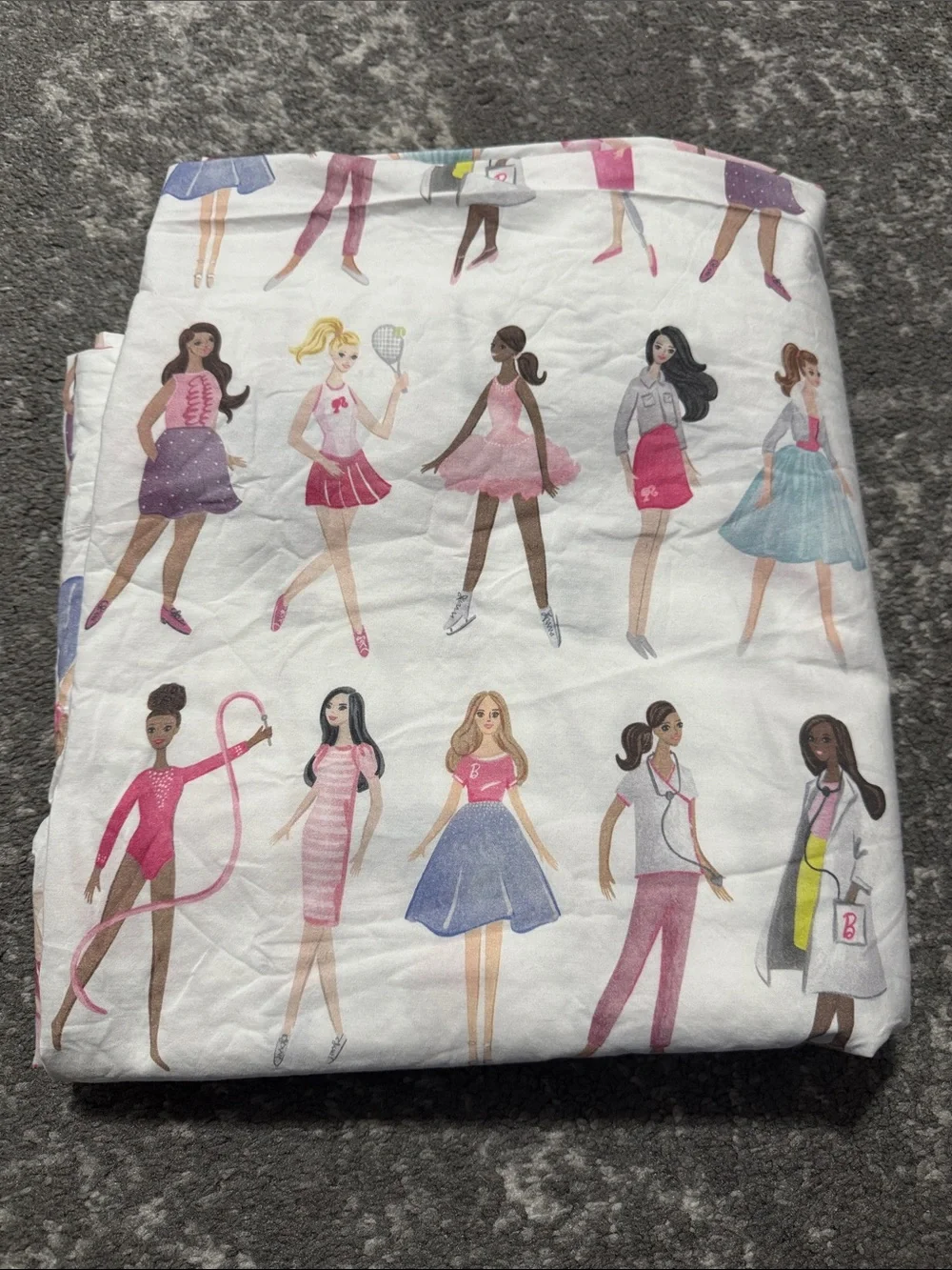 Pottery Barn Kids Barbie Dolls Print Pink and White Bedding Sheet